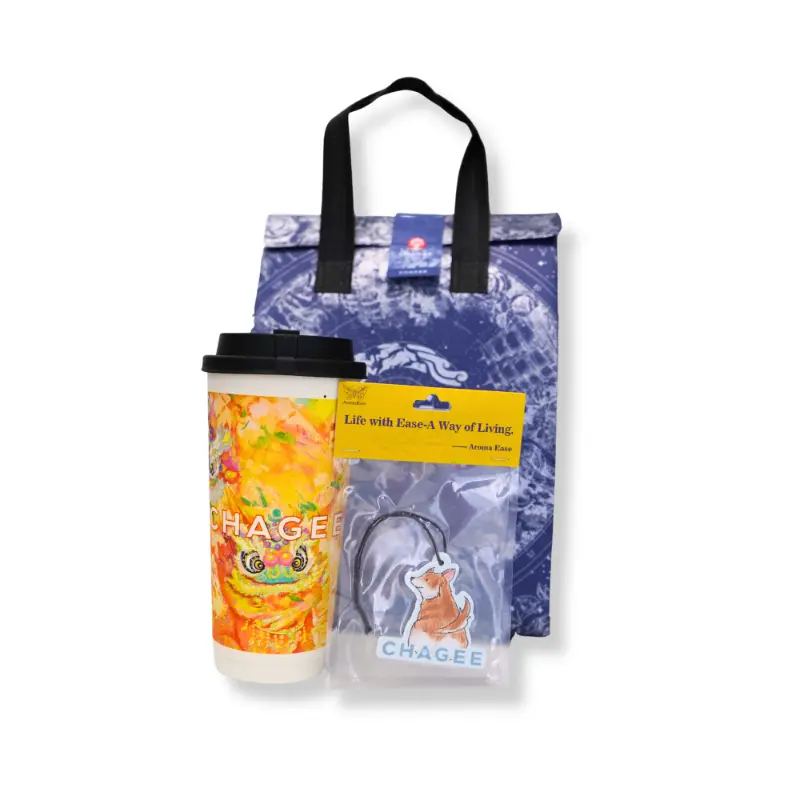 Beverage shop giveaway gift set including custom cat air freshener with citrus or green tea fragrance