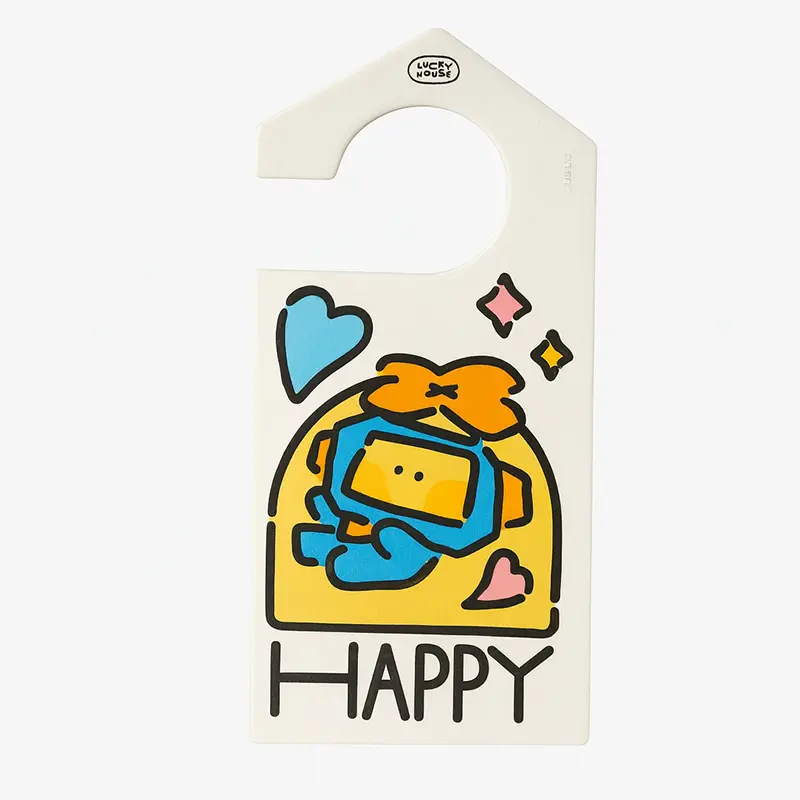 Cute HAPPY cartoon door hanger air freshener in blue and yellow for hotel or bedroom use