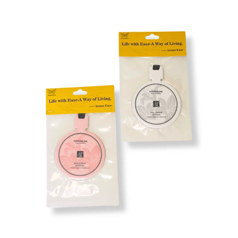 English Pear and Freesia car air fresheners in retail packaging – round hanging fragrance cards