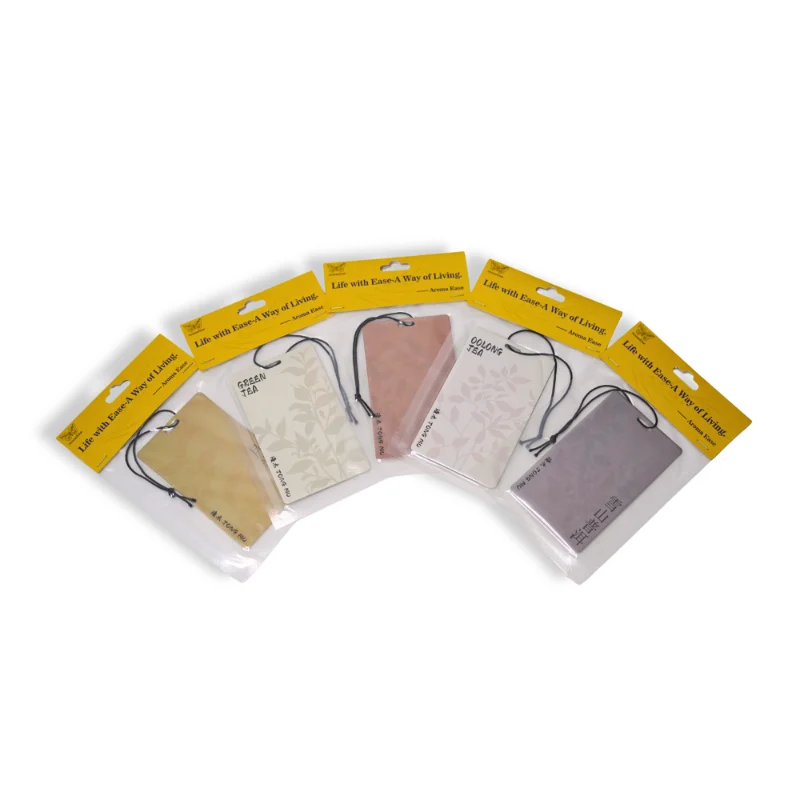 Packaged tea-scented car air fresheners – complete set including green tea, white tea, red tea, puer, and oolong